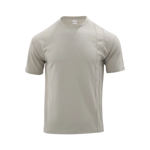 Detail van kaki grijs wafelgebreid t-shirt met asymmetrische stiksels en ronde hals