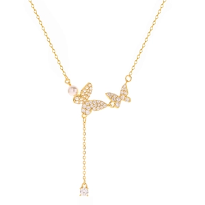 925 Sterling Silver Butterfly Tassel Necklace With Artificial Pearl And Zircon French Style Y-Shaped Clavicle Chain