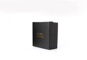 Detail of premium black textured gift box with gold foil Leather Boutique branding