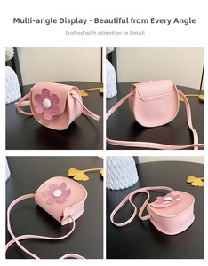 Detailed multi-angle views of pink girls' floral crossbody bag with glitter petals