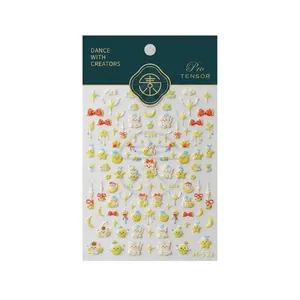 Cute cat and yellow star self-adhesive nail stickers with moon and planet patterns