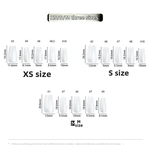 Size guide for French cat-eye press-on nails in XS, S, and M sizes with detailed dimensions