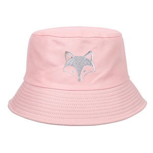 Pink cotton bucket hat with silver fox embroidery and stitched brim for women