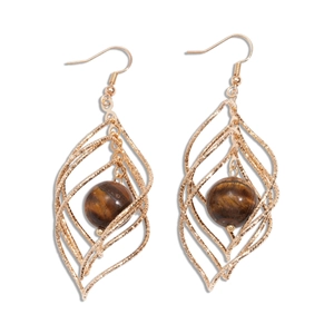 Golden woven leaf earrings with round tiger eye stones on white background