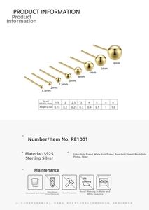 Size chart showing 1.5mm to 8mm polished S925 sterling silver ball stud earrings