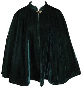 Short dark green velvet Christmas cape with a gold button closure and stand collar