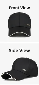 Macro detail of men's black business baseball cap with metal mountain badge and white sandwich brim