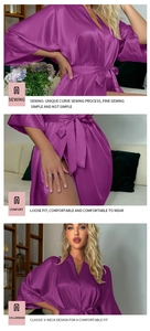 Détails du peignoir en satin violet pour femmes avec col en V et finitions de couture
