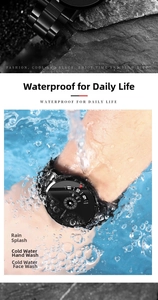 Waterproof testing of black steel men's watch showing splashing water on the dial