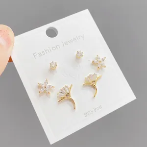 Elegant Copper Zirconia Stud Earrings Set With 925 Sterling Silver Post Gold Flower Leaf Round Fashion Jewelry For Women