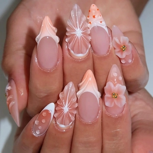 Almond Press On Nails French Nude Pink White Gradient 3D Embossed Flowers Fake Nails For Women Elegant Manicure