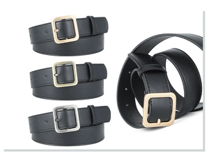 Detail view of black PU leather belts with gold, silver and bronze square metal buckles