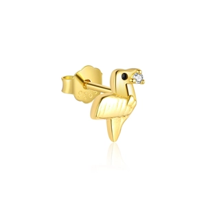 Detail view of gold flamingo earrings with s925 silver hallmark and sparkling stones