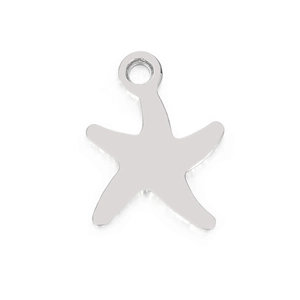 Polished silver stainless steel starfish pendant with top loop on white background