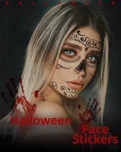 Detail view of black lace mandala face tattoo stickers for Halloween parties