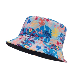 Tropical rainforest leaf print sun hat with colorful botanical patterns on blue canvas