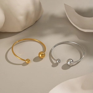 French vintage double ball open bangle in 18K gold plated stainless steel design