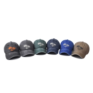 Set of six washed cotton baseball caps with palm tree embroidery and summer text design