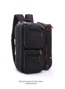 Three-way canvas briefcase with brown leather pulls and multiple zipper pockets