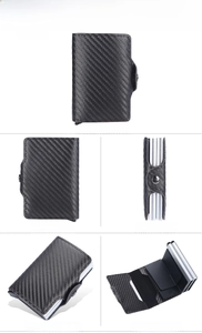 Detailed multi-angle views of the RFID coffee carbon fiber wallet with card pop-up