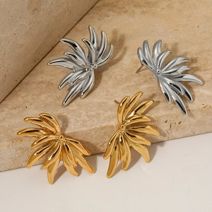 Gold and silver 316 stainless steel wing-shaped earrings on elegant stone base
