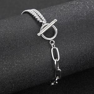 Men's silver stainless steel Cuban chain bracelet with OT clasp and double-layer design