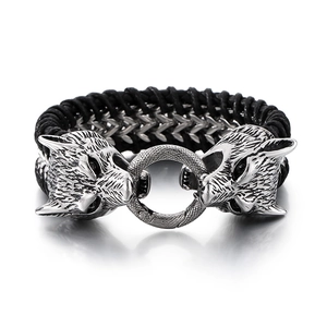 Vintage Wolfskopf Armband für Herren aus geflochtenem Leder mit Edelstahl-Ringverschluss