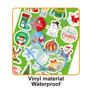 Waterproof vinyl Christmas stickers with Santa and reindeer motifs showing water resistance