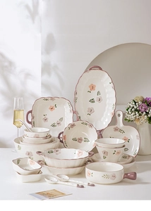 Elegant Nordic style ceramic tableware set with purple floral pattern and wavy edges