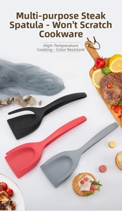 Three 2-in-1 nylon kitchen spatula tongs in black, red and grey for flipping steaks
