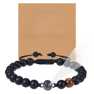 Men's matte black onyx bead bracelet with tiger eye stone and gift greeting card