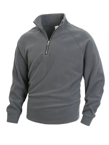 Detail of grey half-zip fleece pullover with stand collar and size M label shown on ghost mannequin