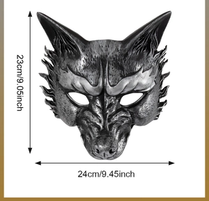 Detailed size specifications for silver wolf mask showing dimensions 23cm by 24cm