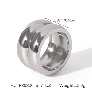 Polished double-layered stainless steel ring detail showing 1.3cm width and 12.9g weight