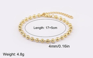 Detail view of 18k gold plated beaded bracelet with 4mm balls and lobster clasp measurements