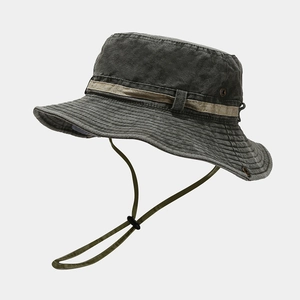 Detail of dark grey washed cotton bucket hat with chin strap and metal eyelets