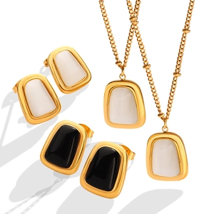 Elegant gold titanium steel jewelry set featuring square cat eye stone earrings and necklace