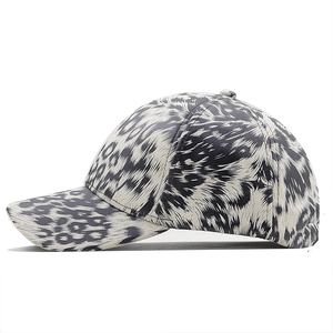 Side view of leopard print baseball cap with curved brim and six-panel crown structure