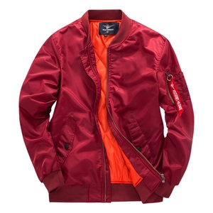 Men's burgundy MA-1 bomber jacket with orange quilted lining and utility sleeve pocket