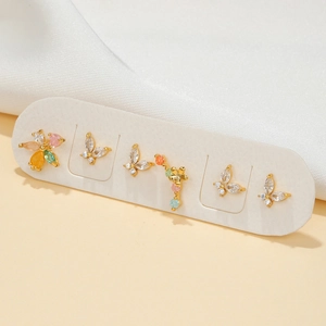Golden butterfly and flower stud earring set with colorful cubic zirconia stones