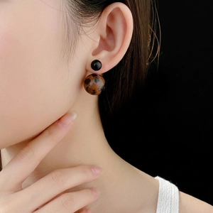 Minimalist leopard print double ball stud earrings with sleek black beads for women