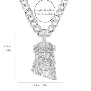 Hip hop silver Cuban chain with rhinestone encrusted Jesus pendant and size dimensions