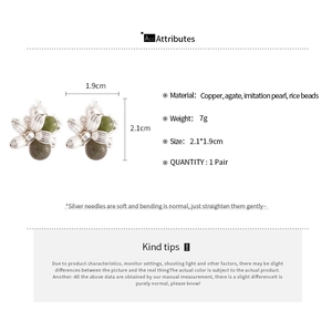 Detailed specs of floral agate pearl earrings with dimensions and material info