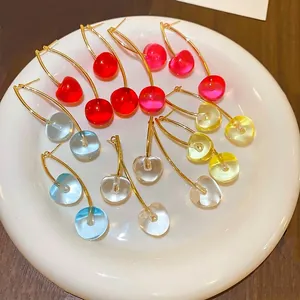 Sweet Cherry Dangle Earrings Resin Fruit Gold Plated Stem With 925 Sterling Silver Earring Post Fresh Cute Jewelry