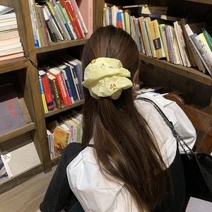 Elastico per capelli giallo con perline colorate su una coda di cavallo in una biblioteca