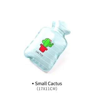 Mini blue transparent hot water bottle with cactus print, 17x11cm portable size