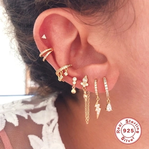 S925 sterling silver gold earrings set with water drop and lightning charms on model