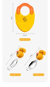 Duck-themed silicone baby bib and stainless steel cutlery set with size dimensions