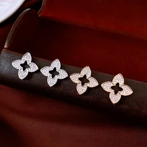 Hollow Flower Stud Earrings Copper Micro Paved Zircon With Silver Earring Post For Women