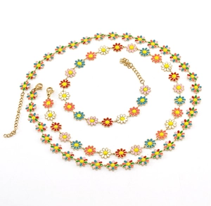 Detail of colorful daisy chain links featuring vibrant enamel flowers and lobster clasp